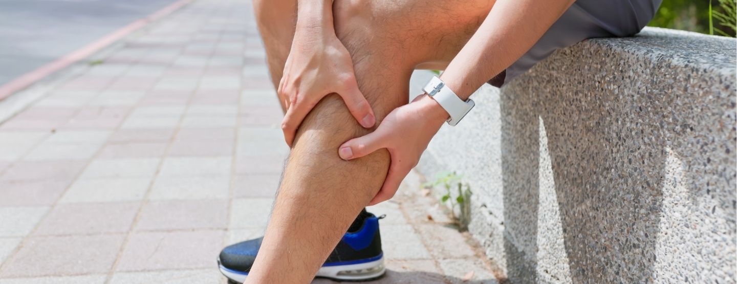 Man sitting down and touching his calf.
