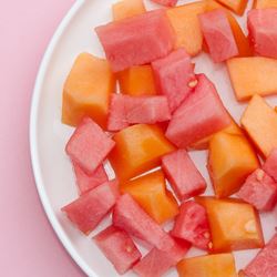 Bite size pieces of watermelon and cantaloupe.
