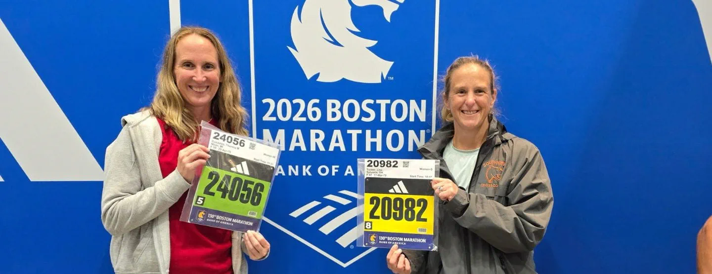 Theresa Gonzales and Lisa Tucker at the Boston Marathon