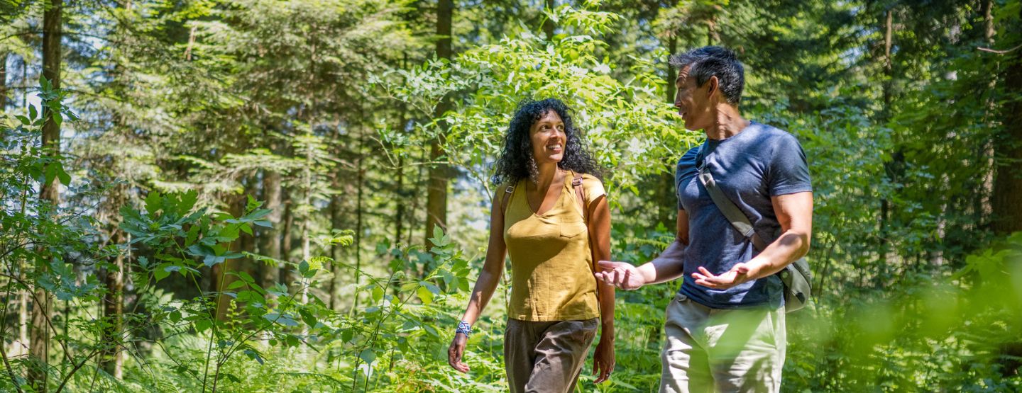 Man and woman walking in a forest.