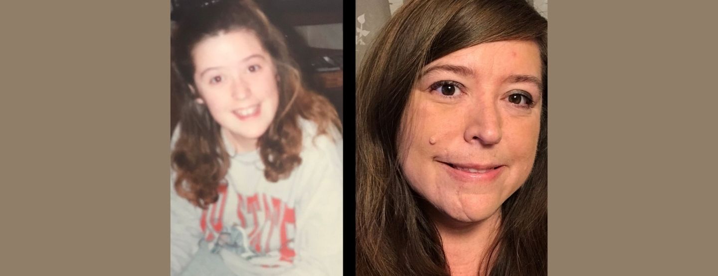 Side by side photos of Elaine as a child and as an adult.