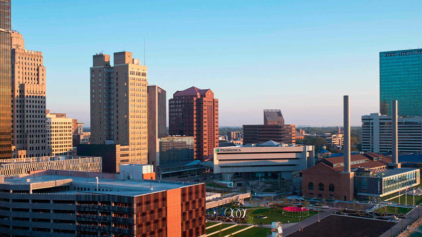 Aerial view of ProMedica hospital, downtown Toledo and the Maumee river