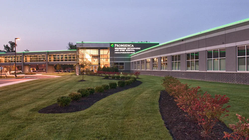 Exterior view of the entrance of the ProMedica Wildwood Orthopaedic and Spine Hospital