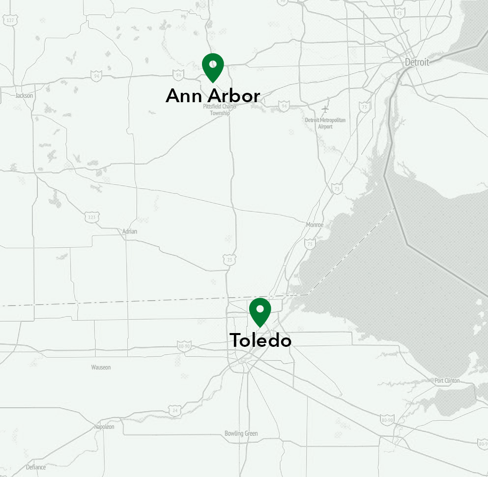 map with pins on toledo and ann arbor