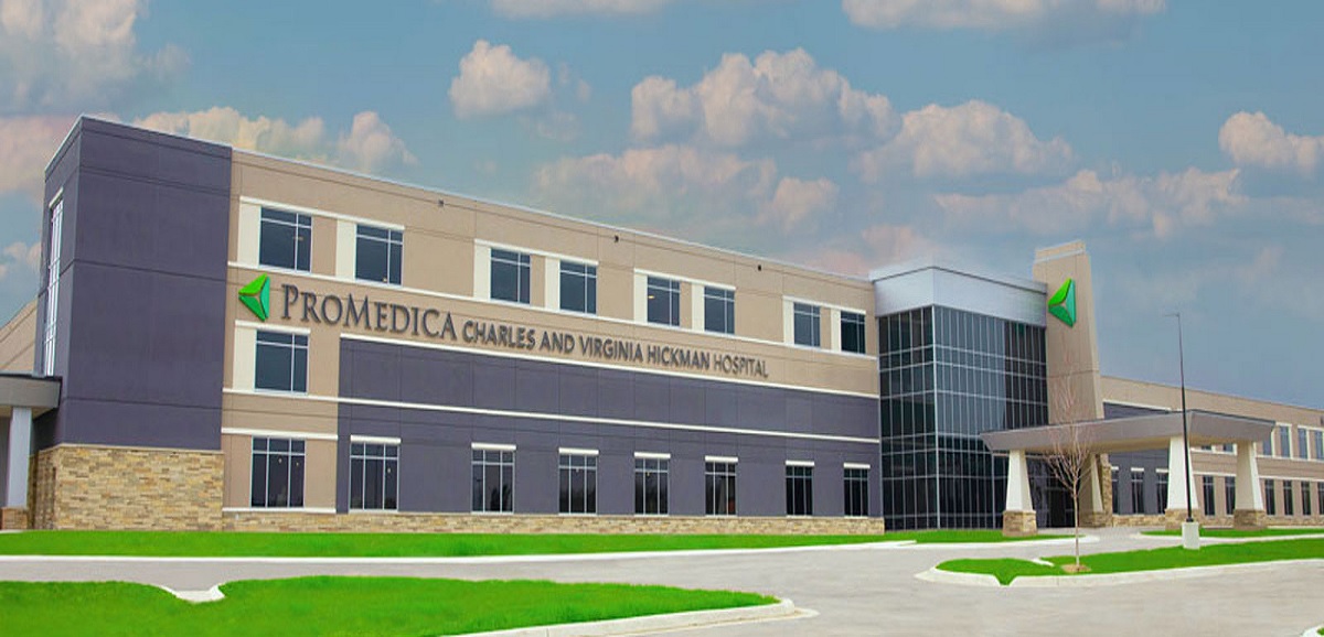 Exterior view of the ProMedica Charles and Virginia Hickman Hospital entrance