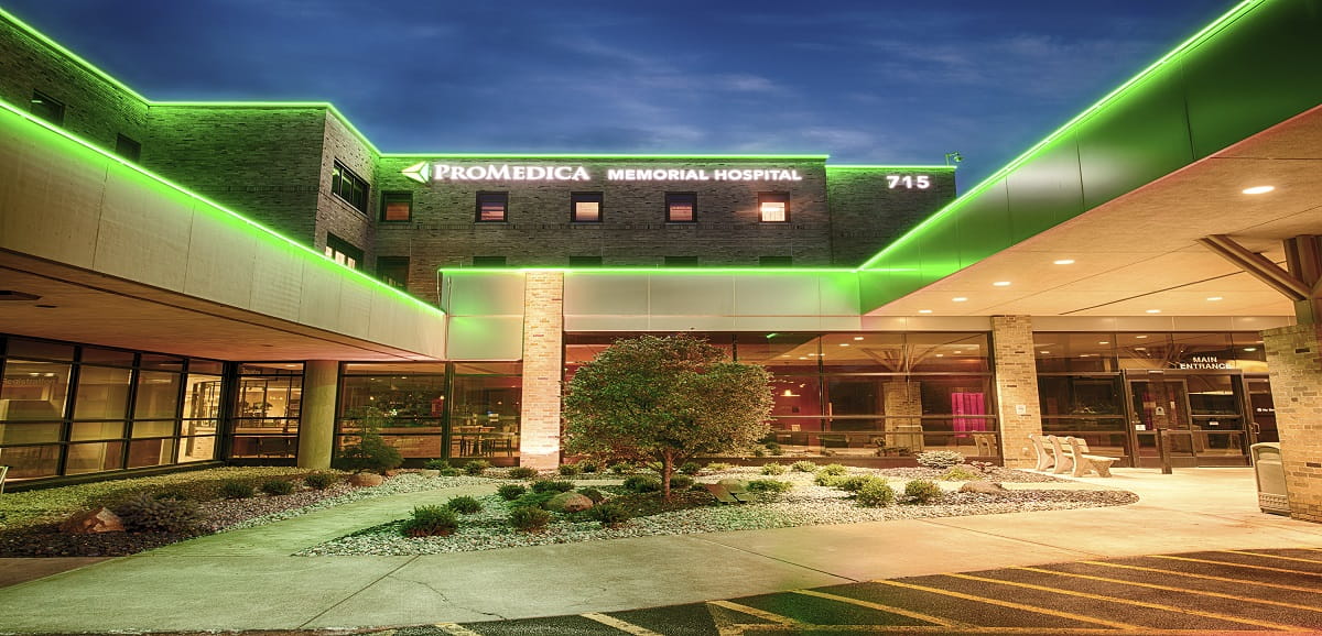 Exterior view of the ProMedica Memorial Hospital entrance.