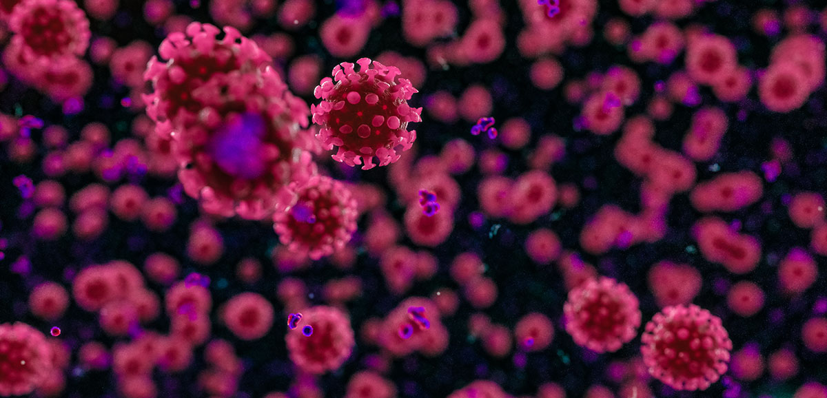 A digital rendering of the COVID-19 virus cells.