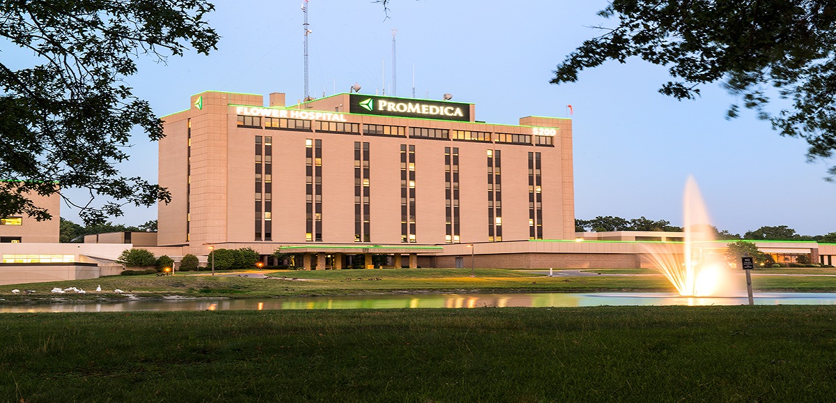 An exterior view of ProMedica Flower Hospital's campus