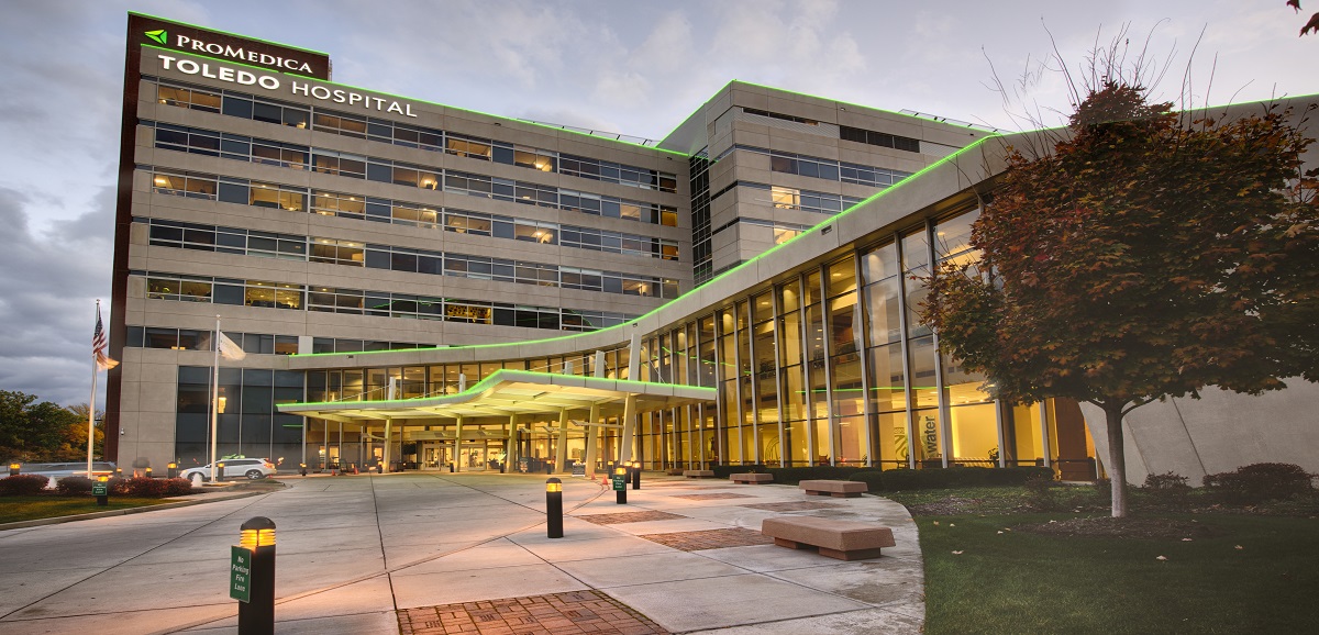 An exterior view of the entrance to the ProMedica Toledo Hospital