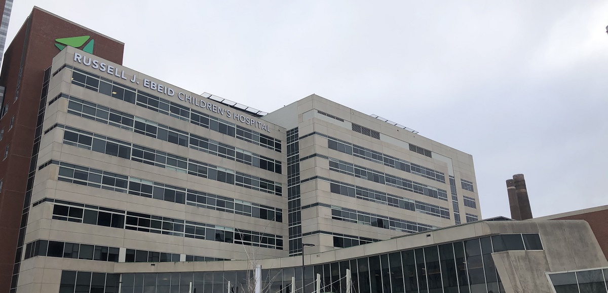An exterior view of the newly named Russell J. Ebeid Children's Hospital building.