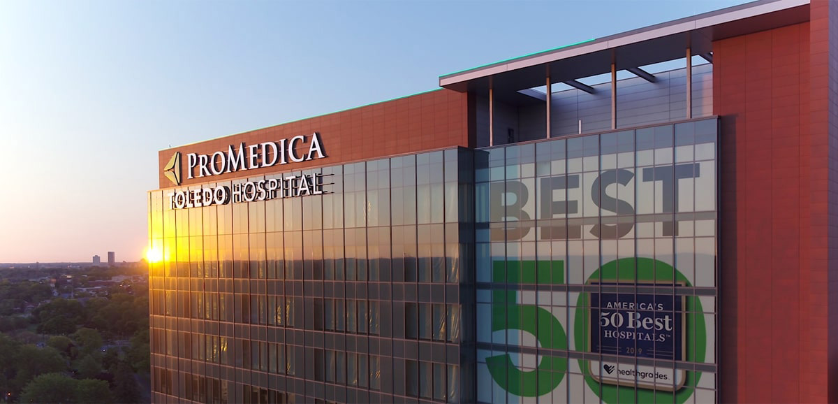 A close up of the top of the ProMedica Toledo Hospital Generations Tower.