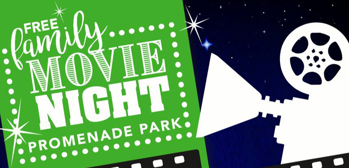 An advertisement for the Free Family Movie Night in Promenade Park