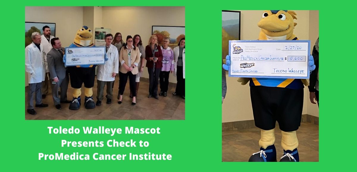 Toledo Walleye Mascot Presents Check to ProMedica Cancer Institute
